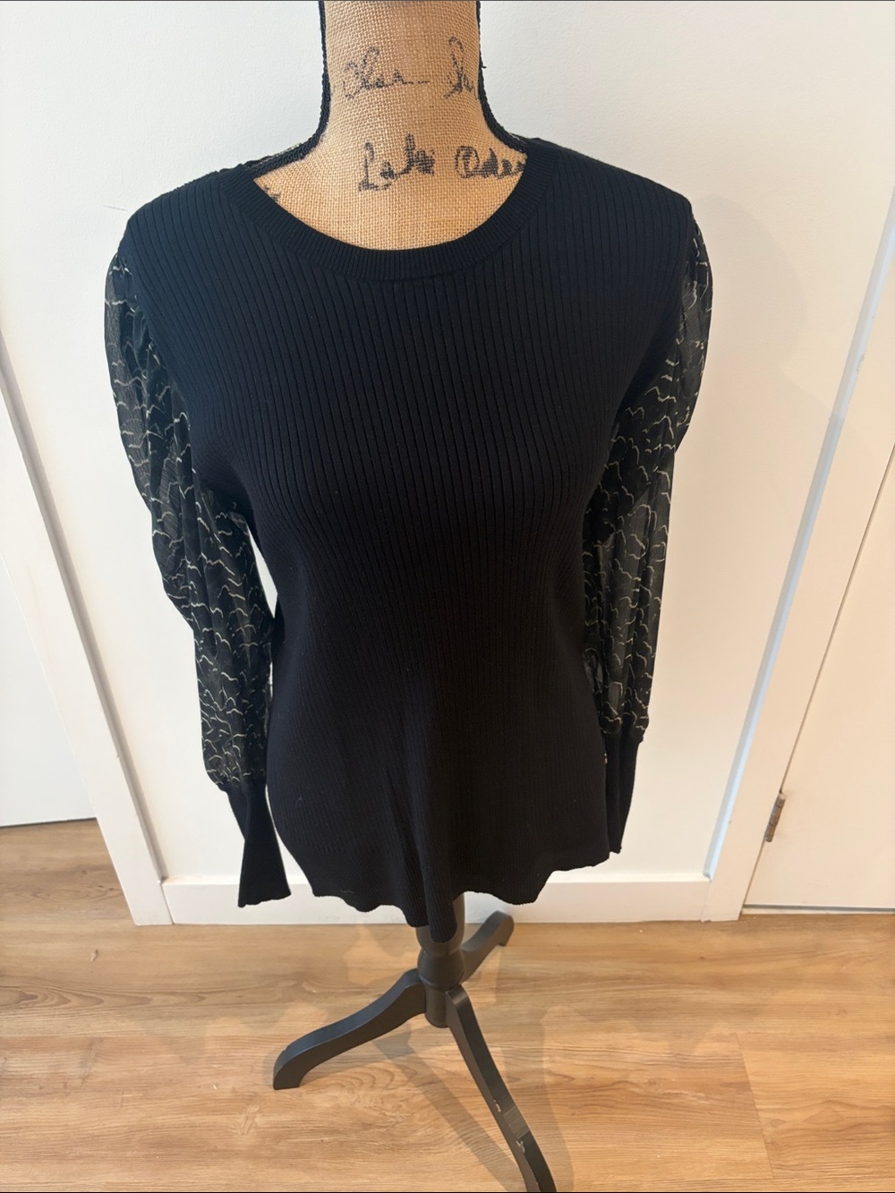 DKNYC Black Ribbed Knit Top with Sheer Patterned Puff Sleeves